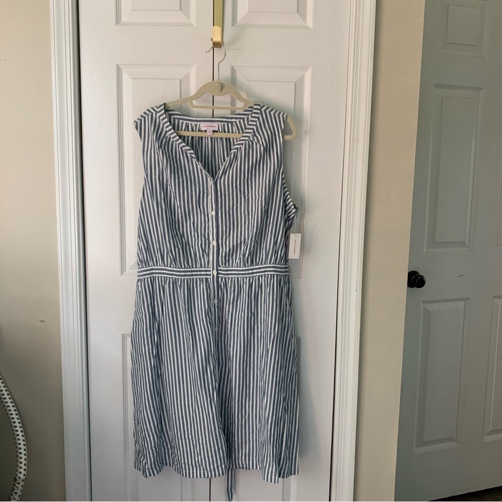 Blue and White Striped Sleeveless V-Neck Sundress Silver Metallic thread Sz 20W